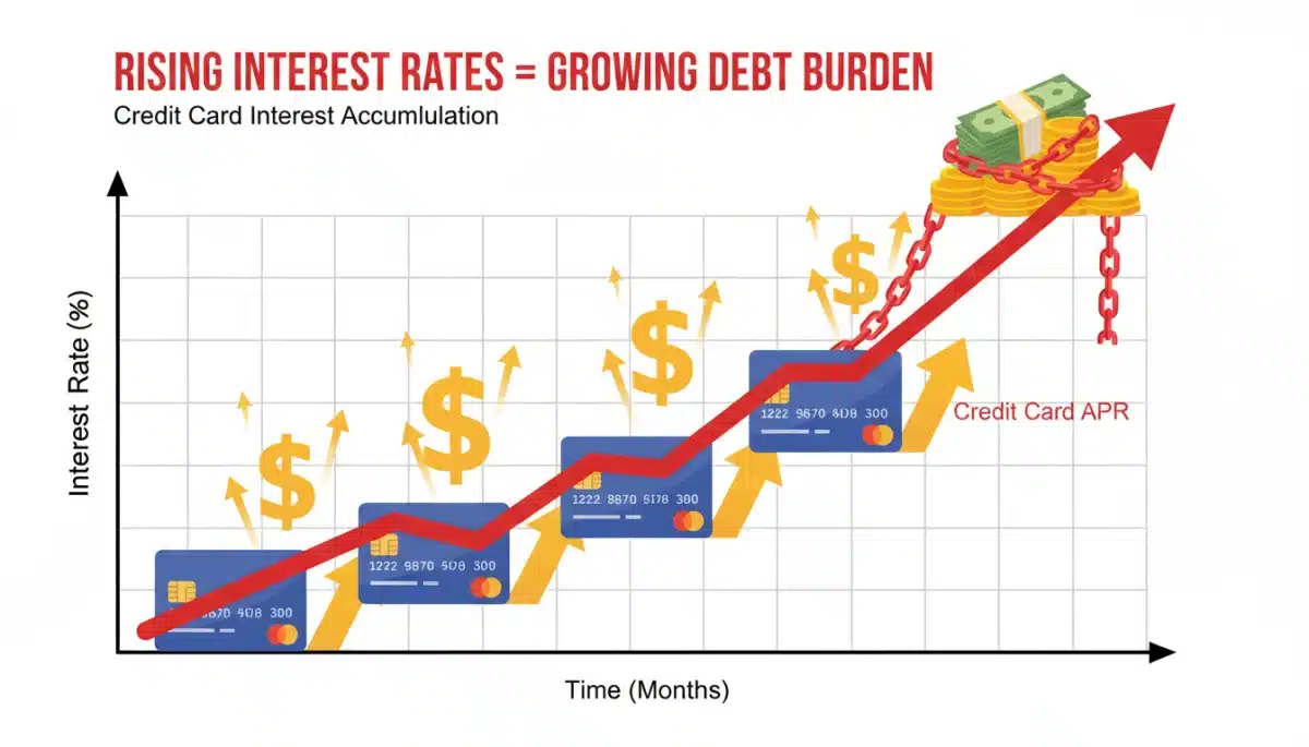 Graph showing rising interest rates with credit cards and dollar signs, symbolizing increased debt burden.