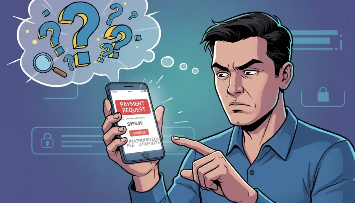 Person examining suspicious digital payment request on smartphone