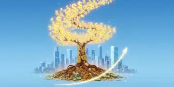 Illustration of a money tree growing from coins, representing compound interest and financial growth.