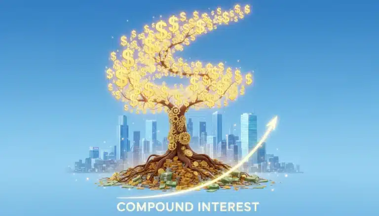 Illustration of a money tree growing from coins, representing compound interest and financial growth.