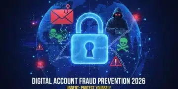 Digital lock icon with cyber threats, symbolizing digital account fraud prevention in 2026