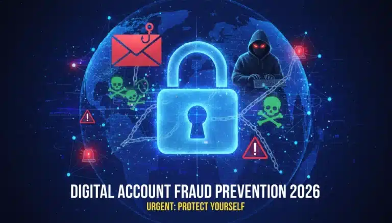 Digital lock icon with cyber threats, symbolizing digital account fraud prevention in 2026