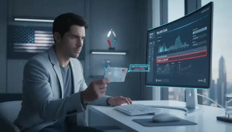 Person reviewing credit card statement with highlighted disputed charge on a modern computer screen.