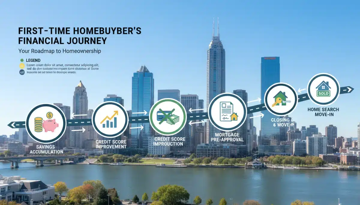 Infographic illustrating financial steps for first-time homebuyers, including saving and credit.