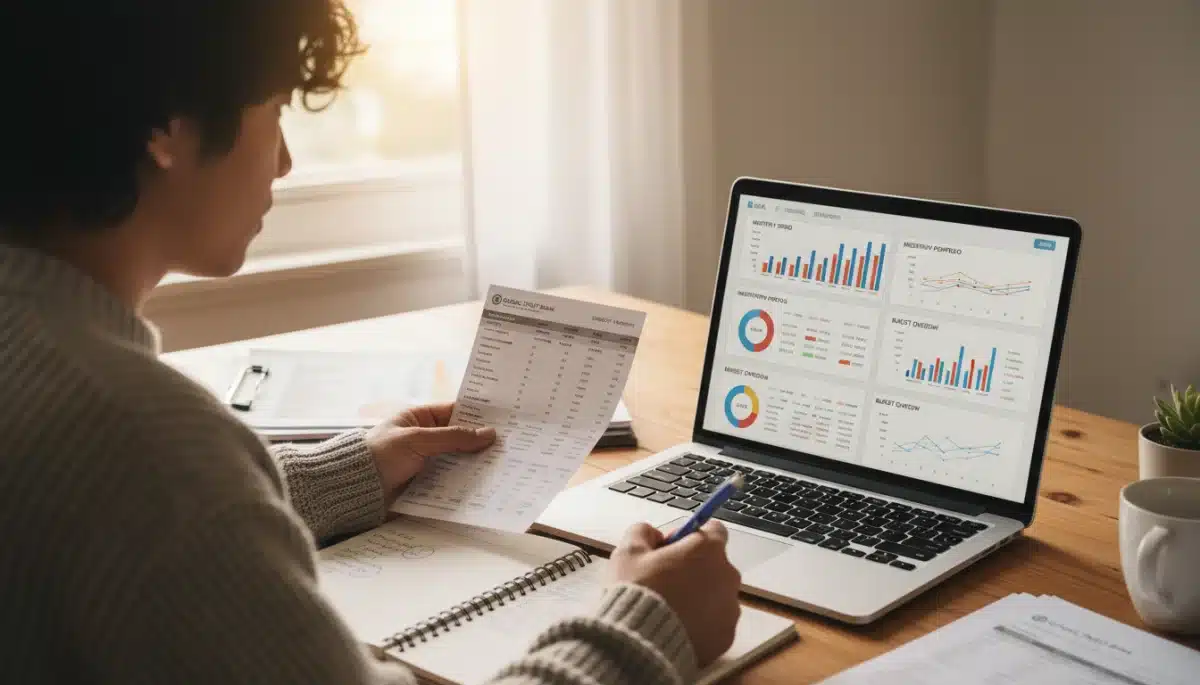 Person reviewing credit card statement and financial dashboard on laptop