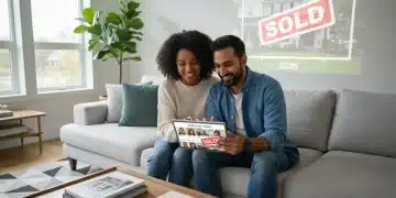 Couple reviewing home listings on tablet, symbolizing first-time home buying journey in the US.