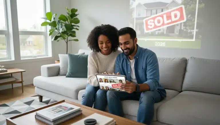 Couple reviewing home listings on tablet, symbolizing first-time home buying journey in the US.