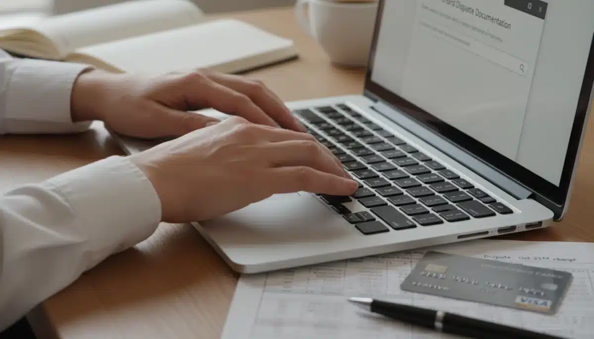 Hands typing on laptop, preparing documentation for a credit card dispute.