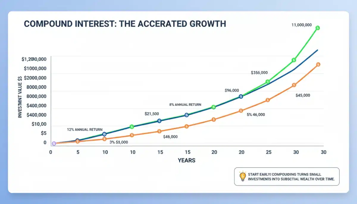 Infographic demonstrating exponential growth of investments over time due to compound interest.