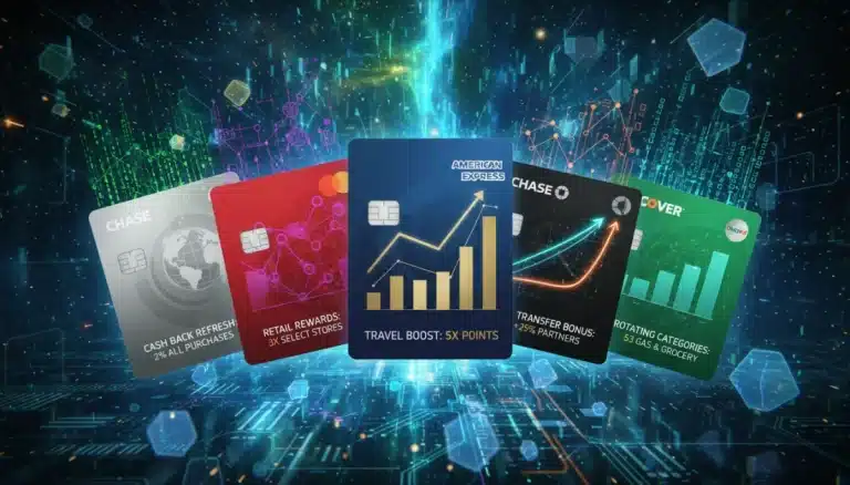 Credit cards representing major issuers with digital graphs showing rewards program changes for 2026.