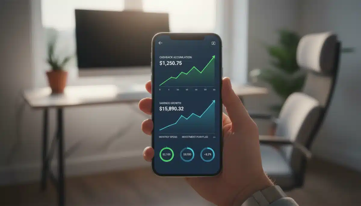 Financial dashboard showing cashback accumulation and savings on a smartphone
