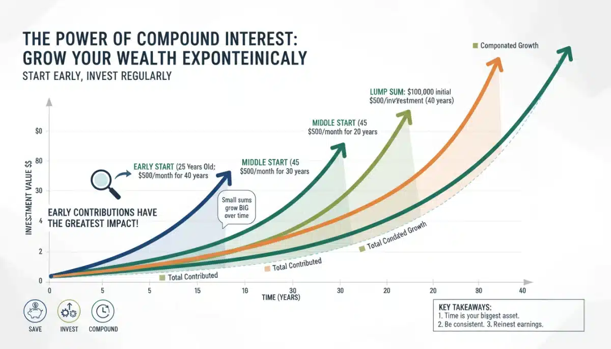 Infographic demonstrating compound interest growth for early 401k contributions.