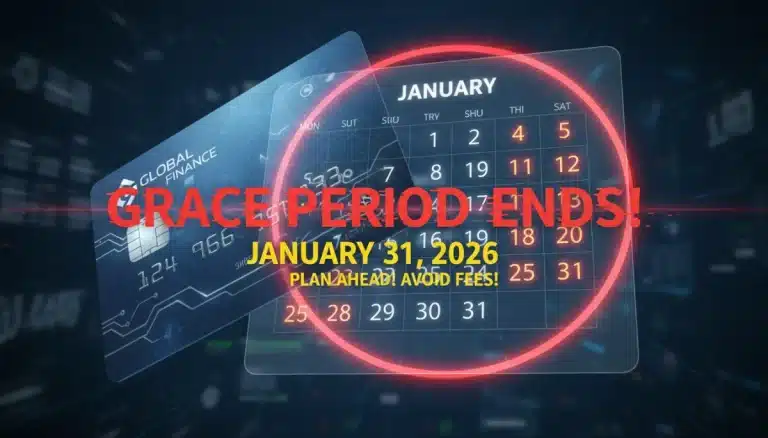 Credit card with calendar showing January 2026 and a grace period notification