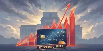 Credit card with rising interest rate graph and Federal Reserve building in background