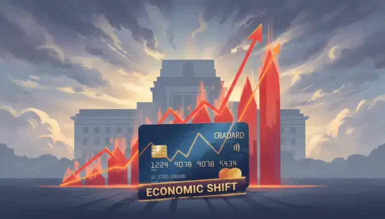 Credit card with rising interest rate graph and Federal Reserve building in background