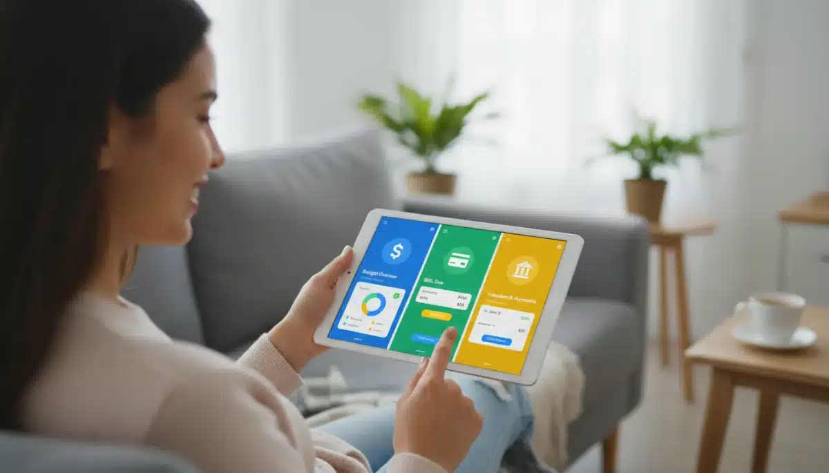 Person using digital financial apps on a tablet for bill management