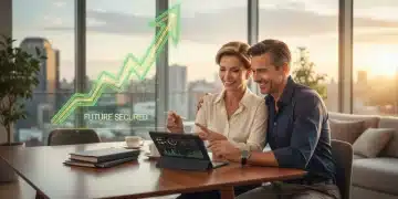 Young couple reviewing retirement savings plan on a tablet, symbolizing financial growth and secure future.