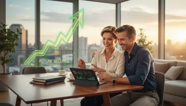 Young couple reviewing retirement savings plan on a tablet, symbolizing financial growth and secure future.
