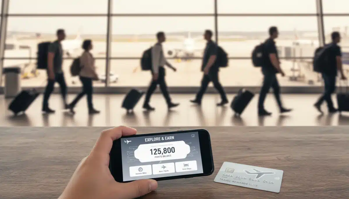 Person checking travel rewards app on smartphone with credit card