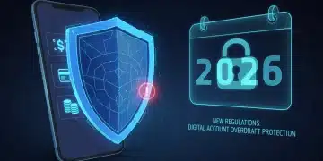 Digital shield protecting smartphone with banking app, 2026 calendar in background