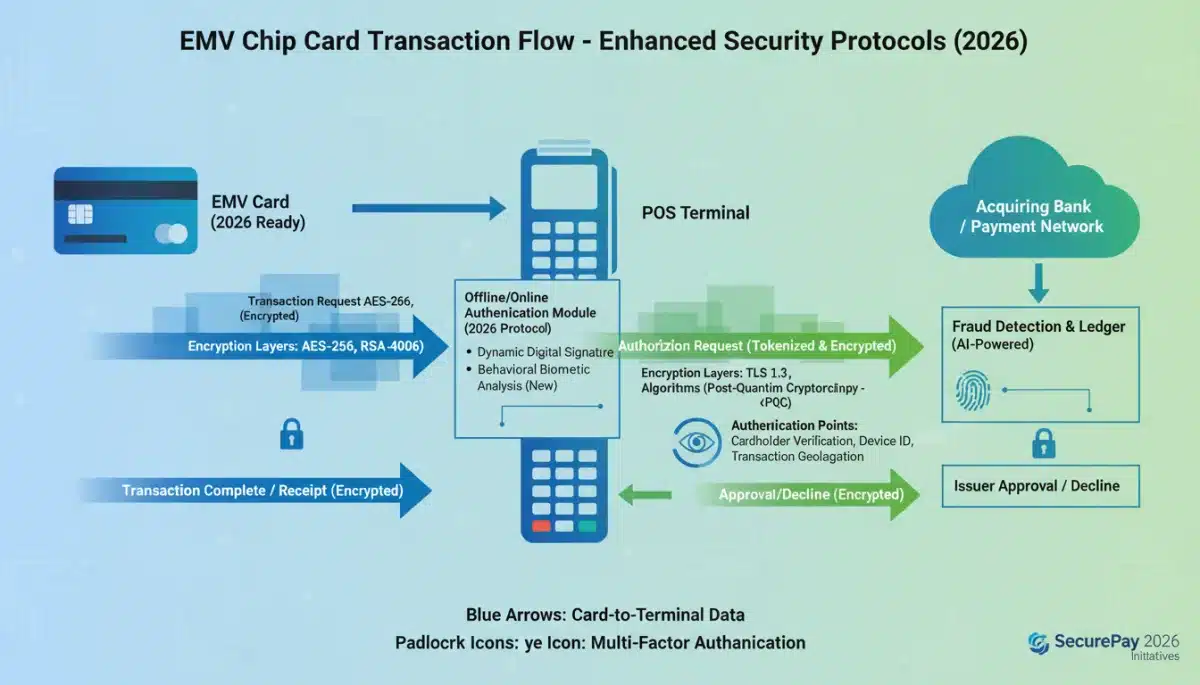 Data flow of EMV chip card transaction with enhanced security protocols