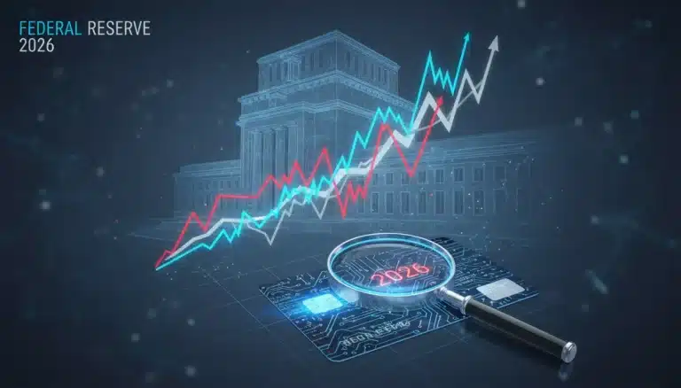 Federal Reserve building with credit card and financial charts, symbolizing 2026 policy shift impact.