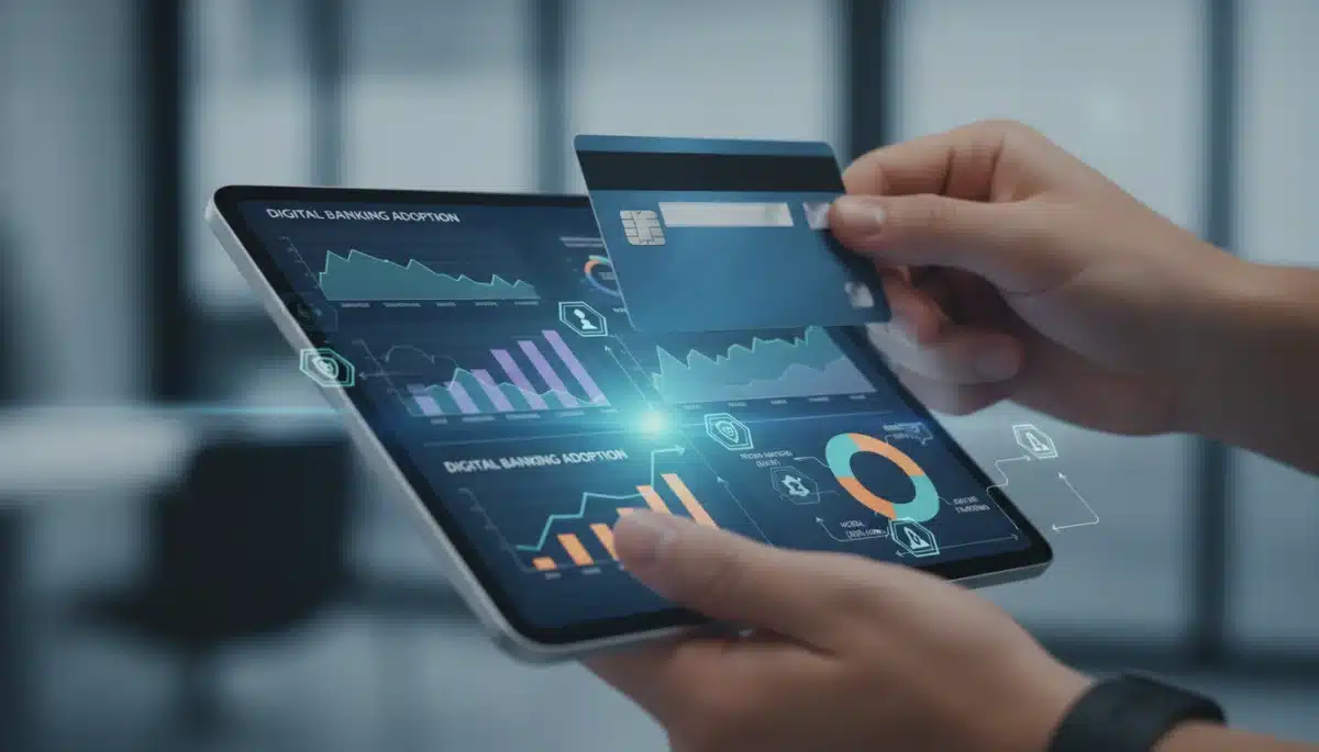 Hand holding credit card near tablet with financial charts, representing regulatory impact