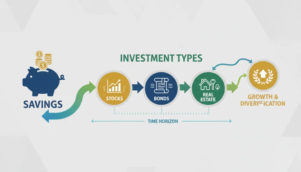 Infographic illustrating the journey from saving to diverse investment options for beginners