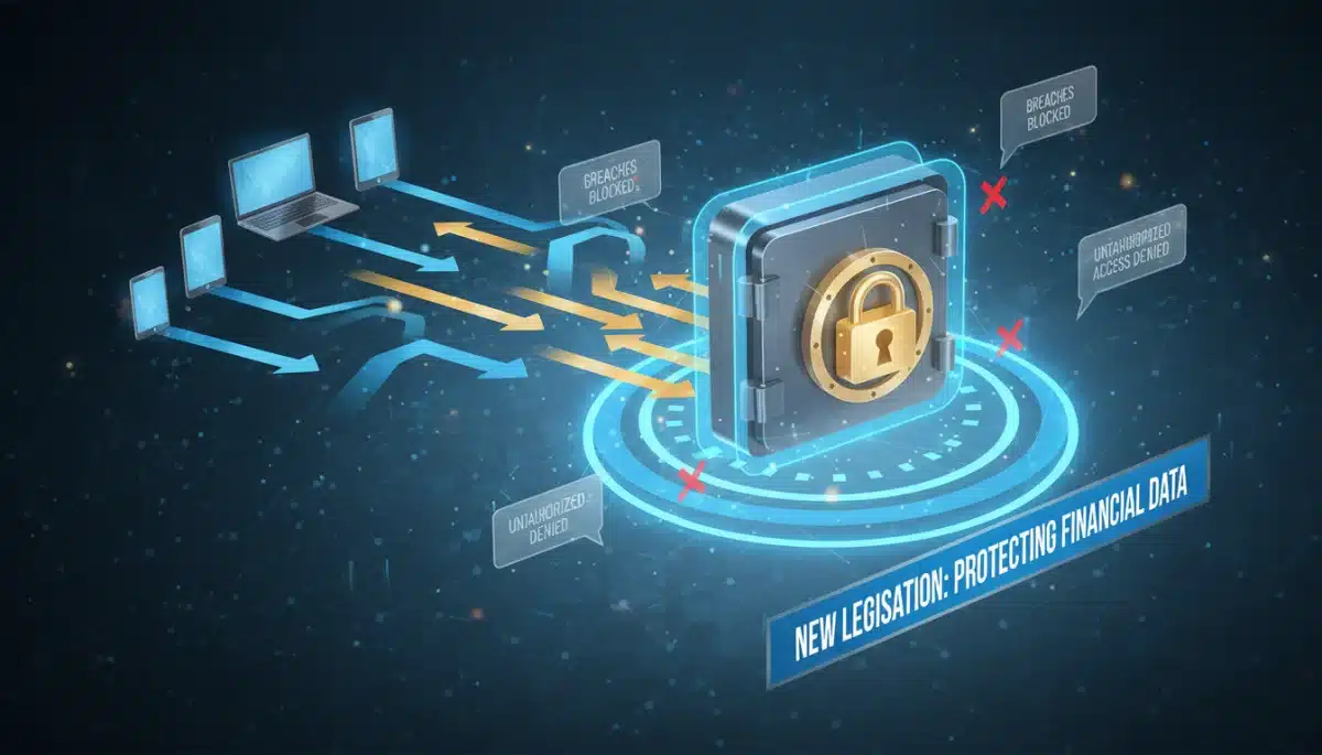 Secure data flow into a digital vault, illustrating enhanced protection under new financial legislation.
