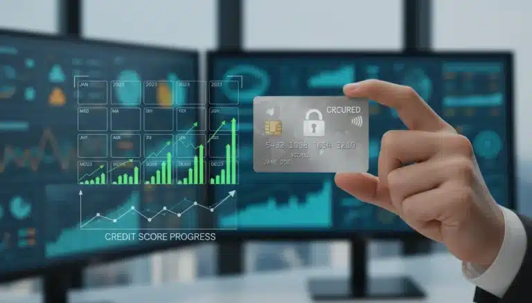 Illustration of a secured credit card on a 12-month calendar for credit building